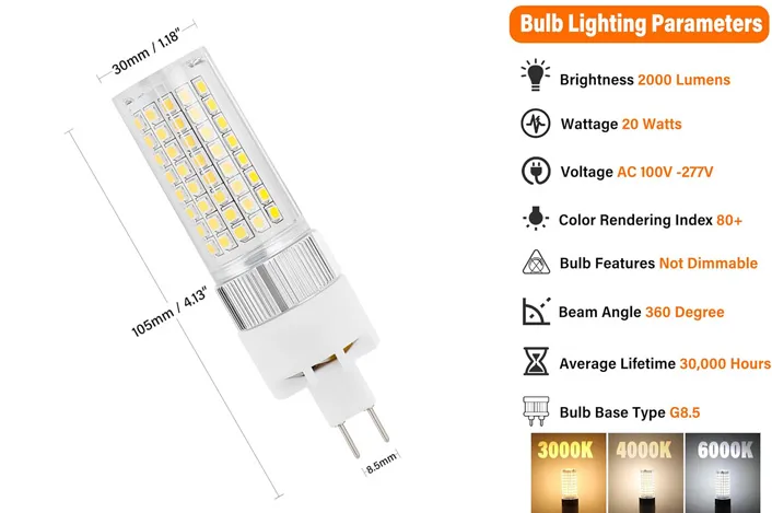 G8.5 size and bulb lighting parameters G8.5 size and bulb lighting parameters